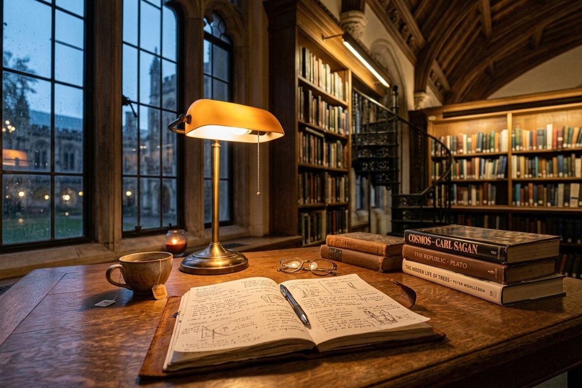 Chris Hutchings' life principles: an open notebook, desk lamp and stack of books in a rainy library